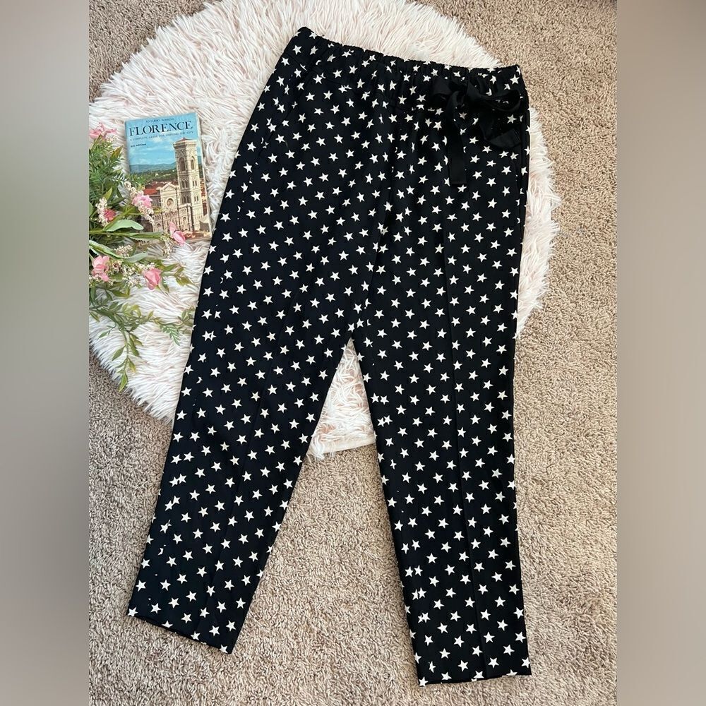 J. Crew Black White Side Bow Tie-Waist Pull On Star Print Crepe Ankle Pants 4